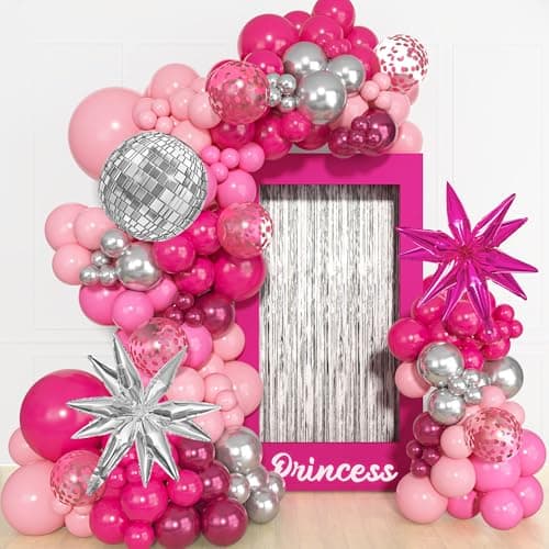 145Pcs Princess Pink and Silver Valentines Balloon Garland Arch Kit Hot Pink Confetti 4D Star Disco Ball Crown Balloons for Girls Women Bridal Baby Shower Makeup Bachelorette Birthday Party Decors