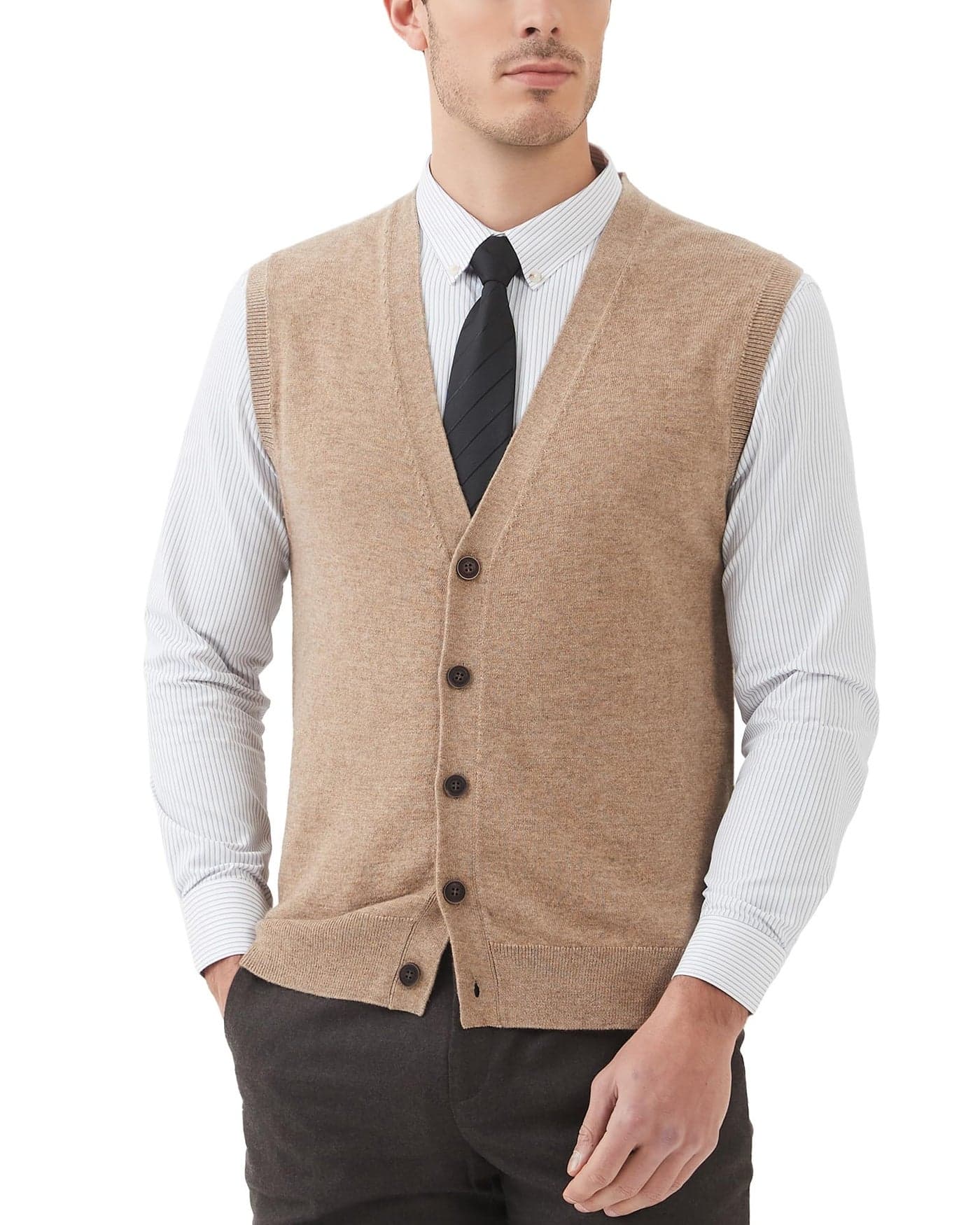 Kallspin Men's Sweater Vest Wool Blend V-Neck Button Sleeveless Cardigan Vest Sweater (Coffee, Medium)