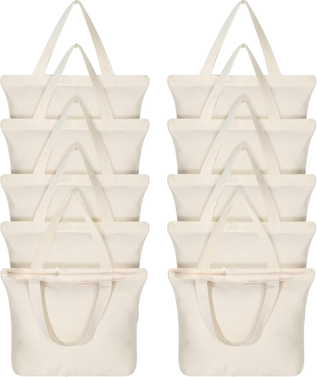 Epakh 10 Pack Natural Tote Bag with Zipper Reusable Canvas Grocery Bag Blank Cotton Bags with Handles Large Plain Shopping Totes for Women Men DIY Painting Crafting Multipurpose Totes Set