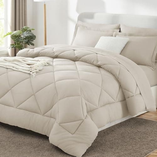 CozyLux Oversized King Comforter Set Beige - 7 Pieces Bed in a Bag Comforter Set with Sheets, Luxury Soft Bed Set All Seasons, Bedding Set with Down Alternative Comforter, Sheets, Pillowcases & Shams