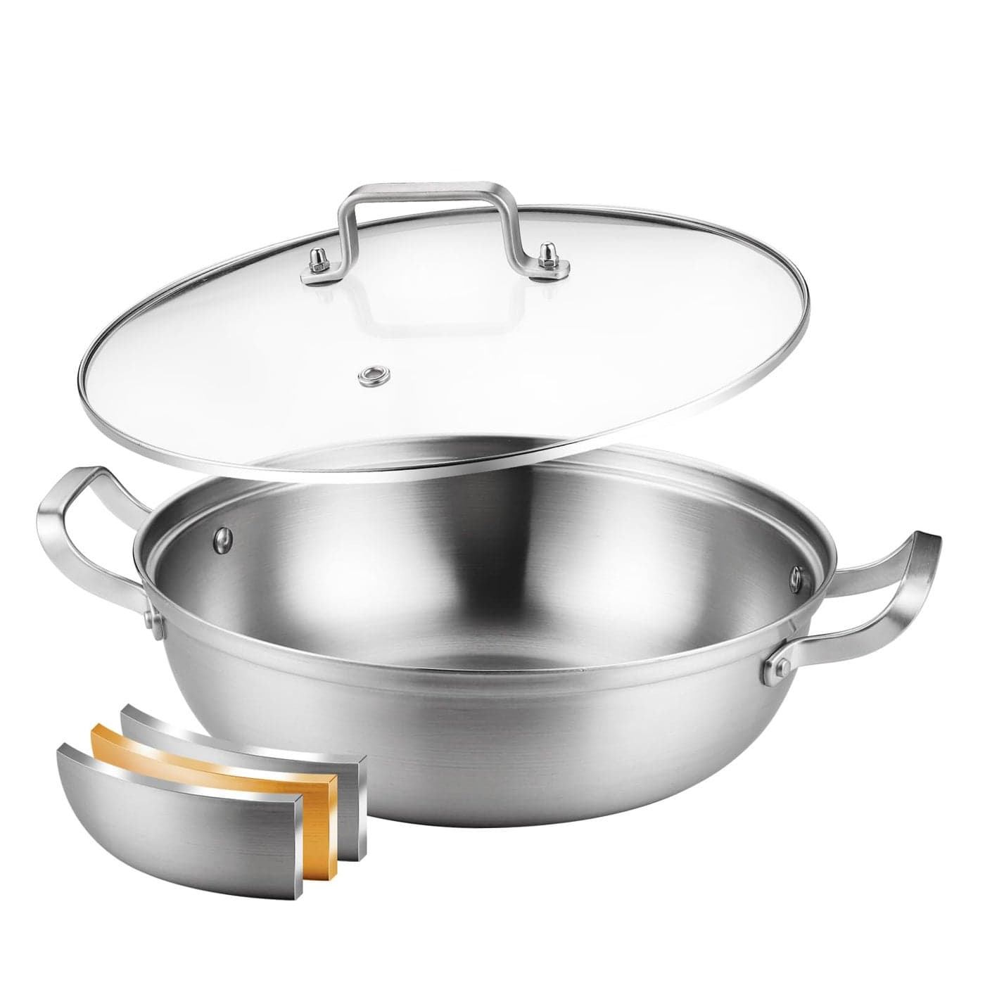 Delarlo TriPly Stainless Steel 12 inch Everyday Pan with Glass Lid Deep Saute Pan Kitchen Everything Pan High Side Chefs Pans Induction Cooking Pot Dishwasher Safe 4QT Stock Pot Up To 600