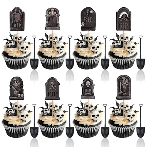 48 Pcs Halloween Cupcake Toppers Tombstones Graveyard Cake Topper Halloween Cake Decorations with Mini Shovel Spoons 8 Designs Helloween Cupcake Picks for Kids Birthday Helloween Party Decorations