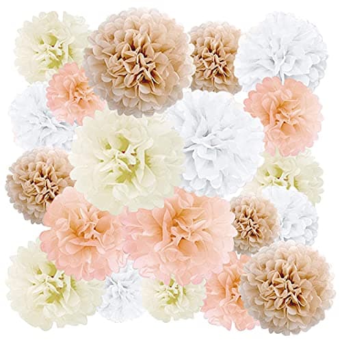 EPIQUEONE 20 Pieces Blush Pink, Dusty Rose, Mauve, Cream Tissue Paper Pom Poms - Ceiling and Party Decorations - Backdrop Flowers (White, Ivory, Peach, Champagne)