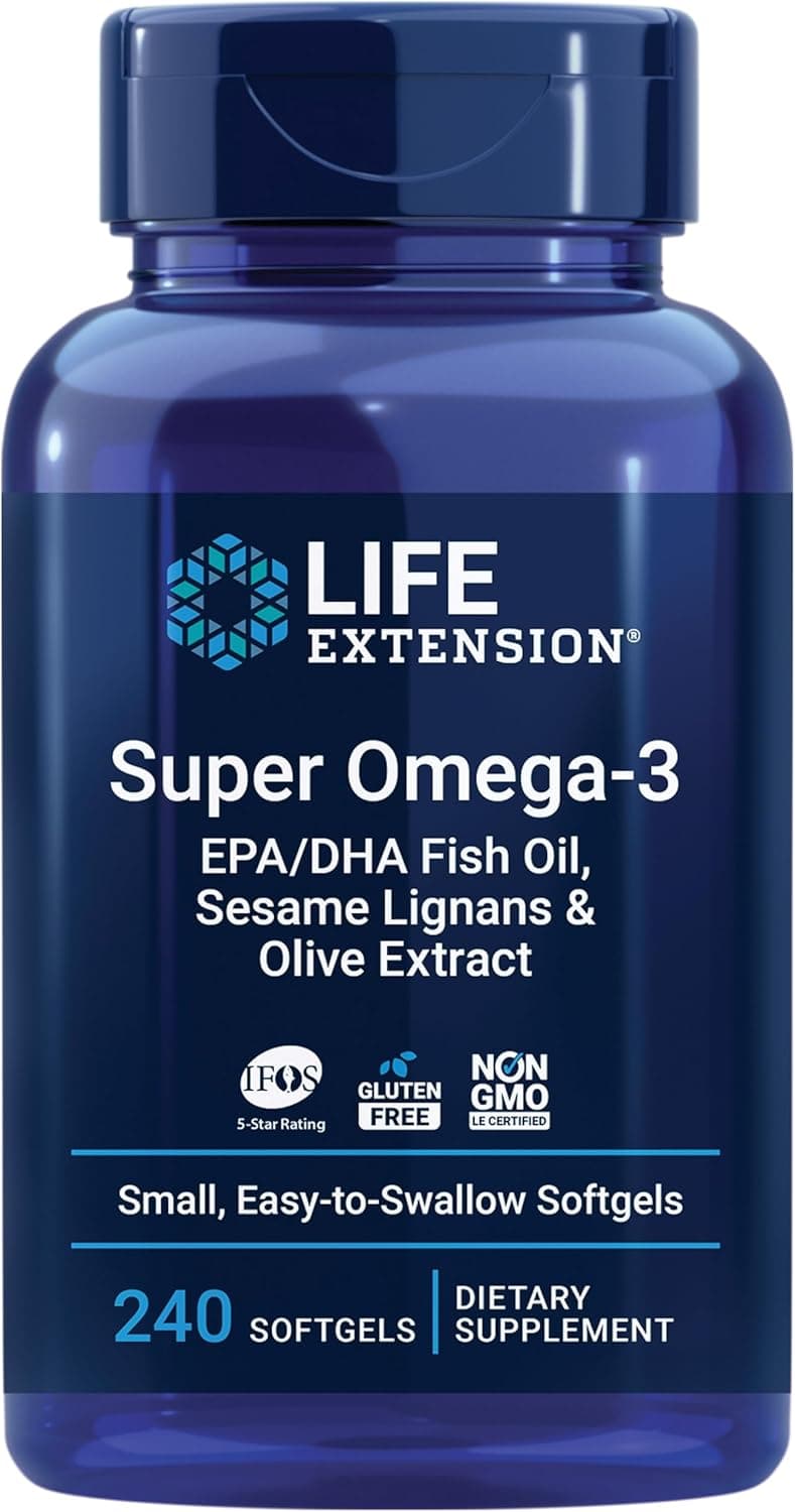 Life Extension Super Omega3 EPADHA Fish Oil Sesame Lignans Olive Extract Heart Health Brain Health Inflammation Health Support GlutenFree Easy to Swallow NonGMO 240 Softgels
