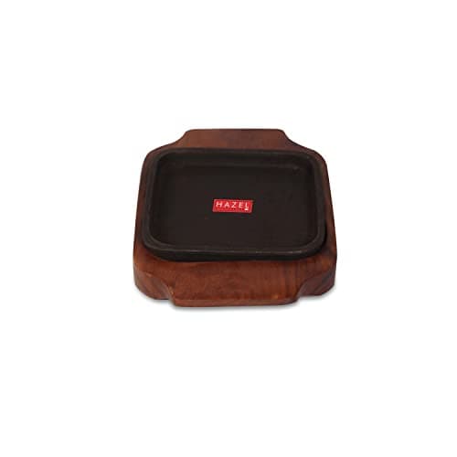HAZEL Cast Iron Sizzler Plate with a Wooden Base | 5 Inch Small Square Sizzling Brownie Sizzler Plate | Multipurpose Sizzlers Hot Plate (Brown)