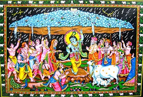 Crafts of India Krishna lifting Goverdhan Batik Cotton Wall Hanging Painting : Size 43"x30" Inches