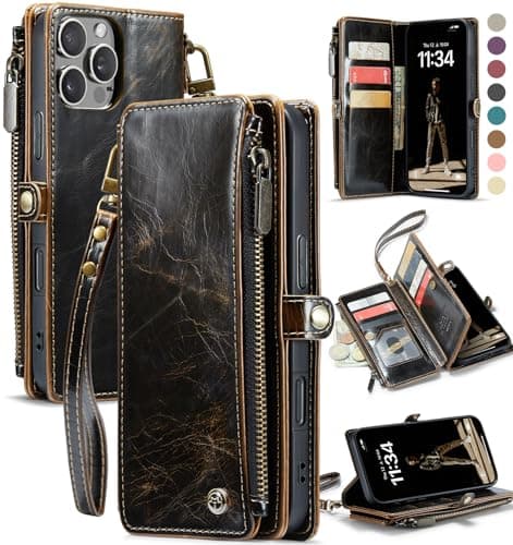 Defencase Compatible with iPhone 16 Pro Max Case Wallet with RFID Blocking Card Holder for Woman Men PU Leather Magnetic Snap Flip Zipper Strap Wallet Phone Case for iPhone 16 Pro Max 69 Coffee