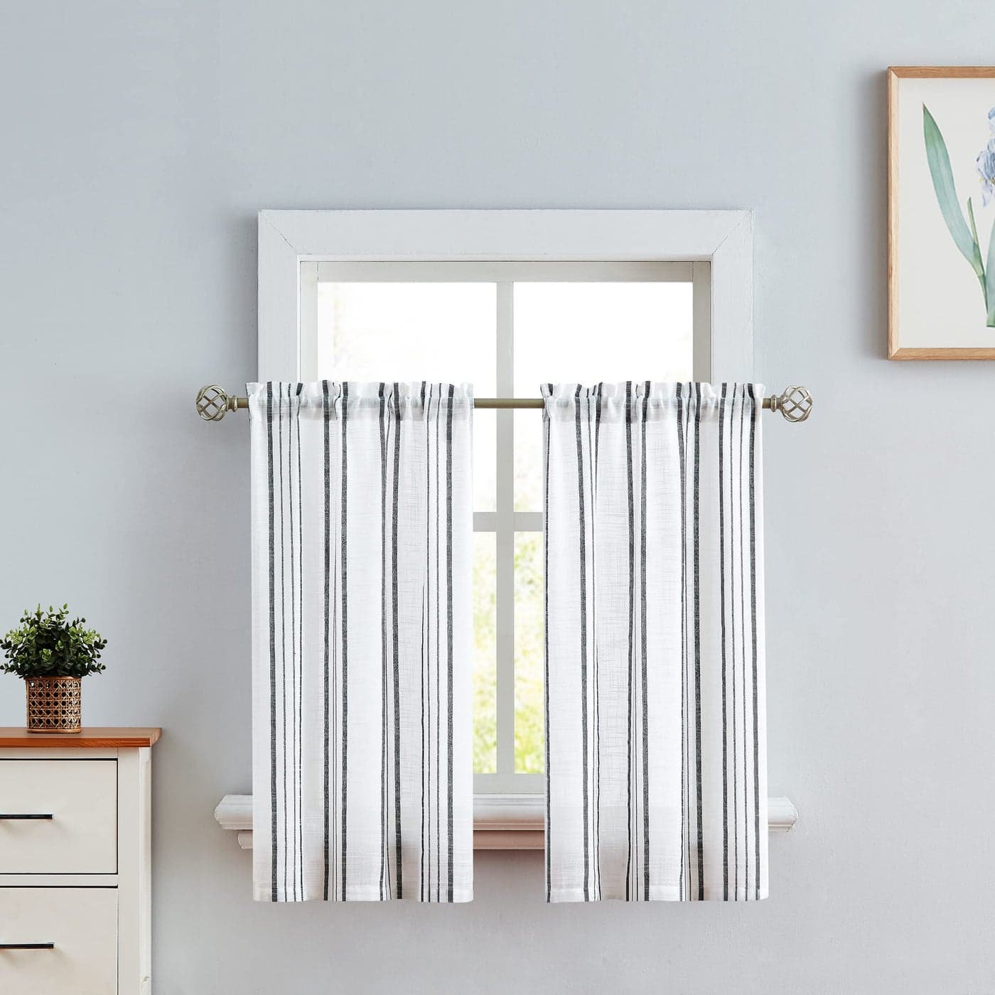 SXZJTEX Stripe Cafe Kitchen Curtain Tiers Geometric Pattern Cafe Curtains 36 Inch Length White and Black Linen Textured Pinstripe Short Curtain for Kitchen Bathroom Rod Pocket 2 Panels