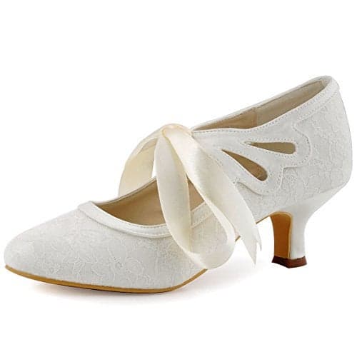 ELEGANTPARK HC1521 Wedding Shoes for Bride Low Heel Mary Jane Shoes Comfortable Closed Toe Heels for Women Lace Evening Dress Bridal Pumps Ivory US 10