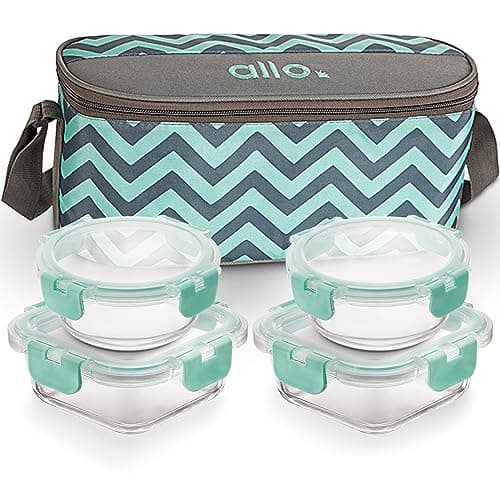 Allo Food Safe Glass Lunch Box with Breakfree Detachable Lock, Microwave Safe Lunch Box Borosilicate Glass Tiffin for office with Chevron Mint Tiffin Bag, Set of 4, 215ml x 2, 310ml x 2, Multicolor
