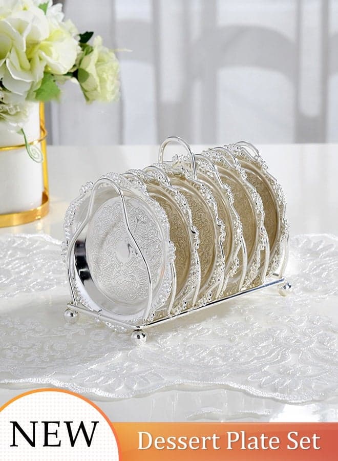 6pcs Dessert Plates Set Elegant Stainless Dessert Plate Set with Storage Rack Dinner Cake Dessert Snack Plate Storage Dried Fruit Plate Tasting Plate Display Stand for Family, Party, Picnic, Home