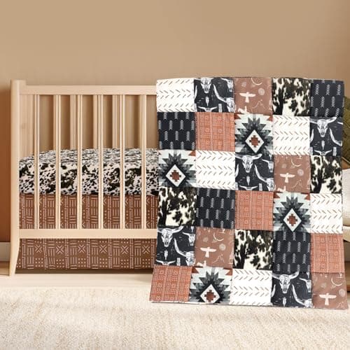 Hahafelt 3 Pcs Western Cowboy Baby Crib Bedding Western Quilt Fitted Sheet Skirt Soft Flannel Nursery Bedding for Baby Boys Standard Infant Bed and Toddler Mattress Newborns Gifts