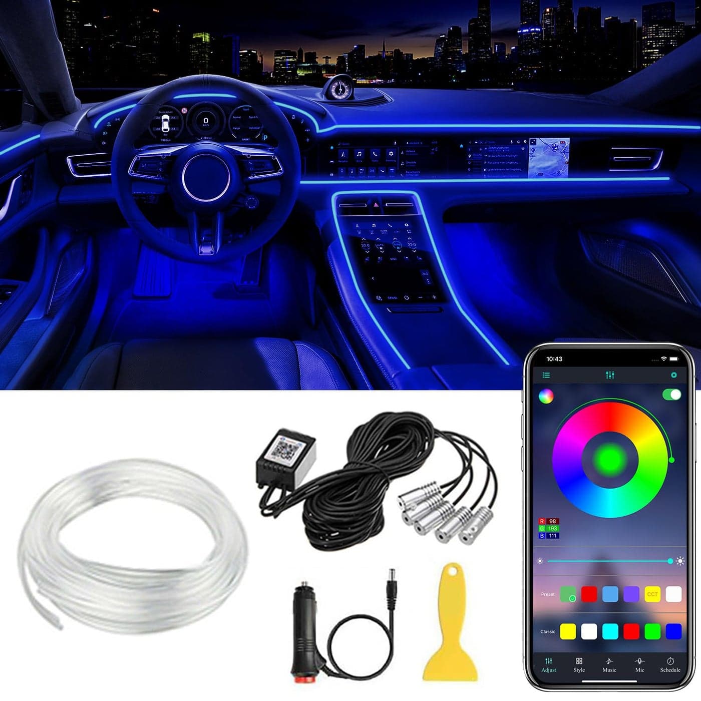Interior Car LED Strip Lights APP Control 5 in 1 RGB 16 Million Colors Ambient Lighting Kit with 236 inches Fiber Optic Music Mode Inside Car Lighting Decorations