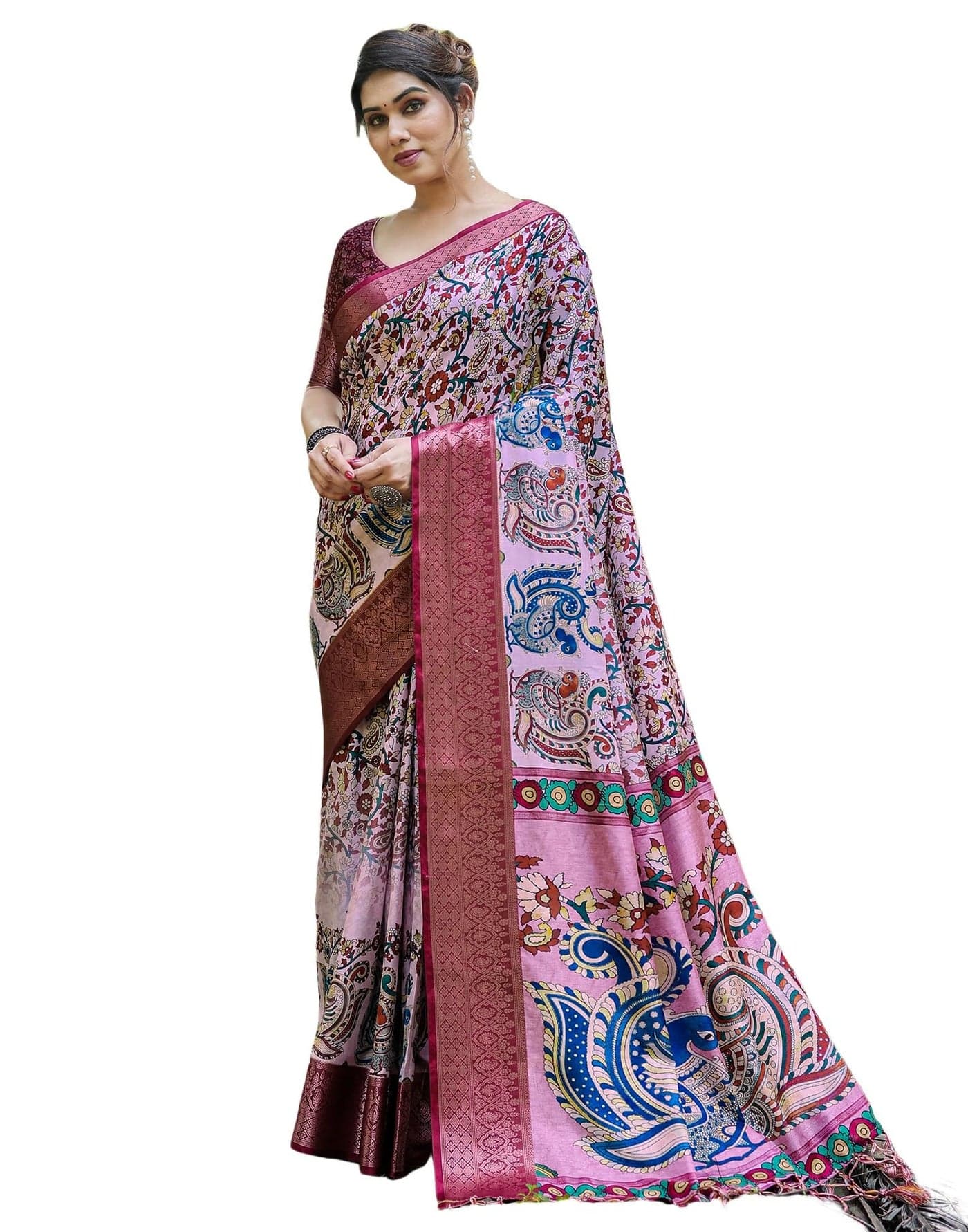SIRIL Women's Silk Kalamkari Printed Saree With Unstitched Blouse Piece (4290S232_Pink & Multi)