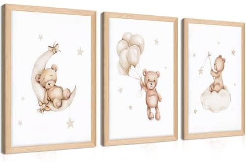 Framed Teddy Bear Wall Art Nursery Decor Set of 3, Bear Sleeping on The Moon and Stars Pictures Canvas, Neutral Bears Poster Prints Wall Decor for Kids Baby Room Girls Children Room – 12x16 inch