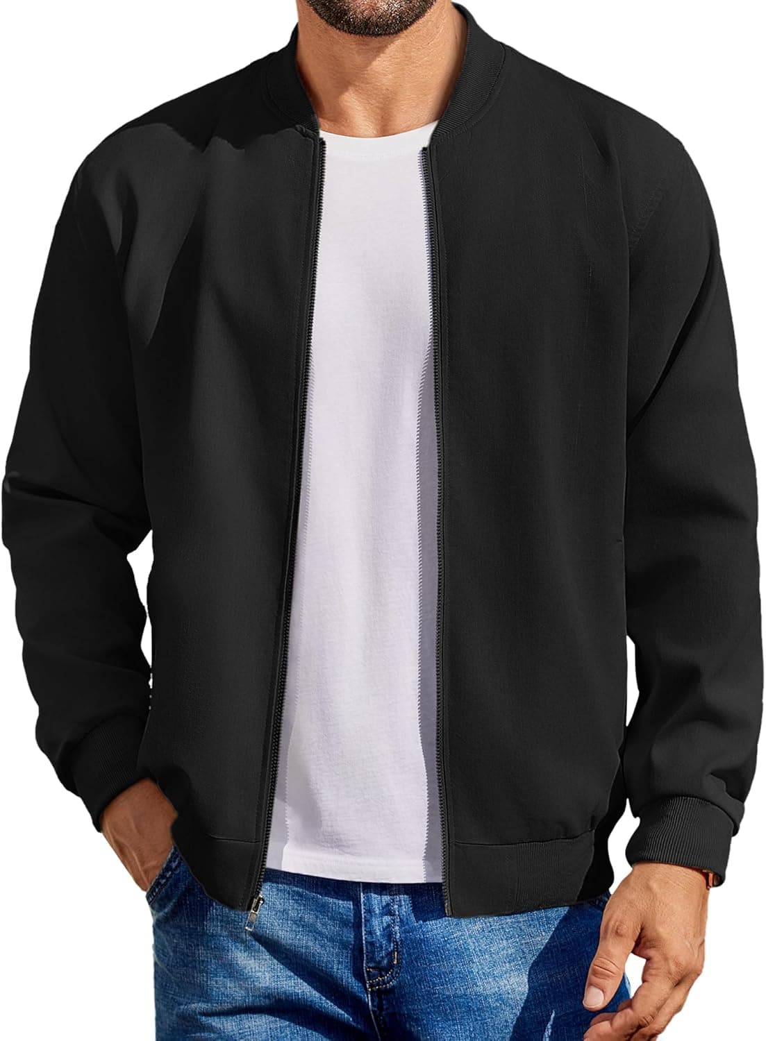 COOFANDY Men's Lightweight Bomber Style Jacket - Casual Flight Varsity Softshell Coat in Black