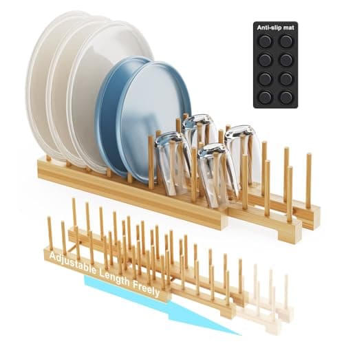 Bamboo Dish Rack Expandable Plate Rack Dish Drying Rack for Kitchen Cabinet Storage Adjustable MultiFunctional Design Organizer for Plates Bowls Cups Pots Cutting Boards Natural Bamboo