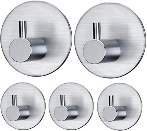 JIALTO 5 PCS Adhesive Hooks Heavy Duty Wall Hooks Waterproof Stainless Steel Hooks for Hanging Coat, Hat,Towel Robe Hook Rack Wall Mount- Bathroom and Bedroom (Round Silver)