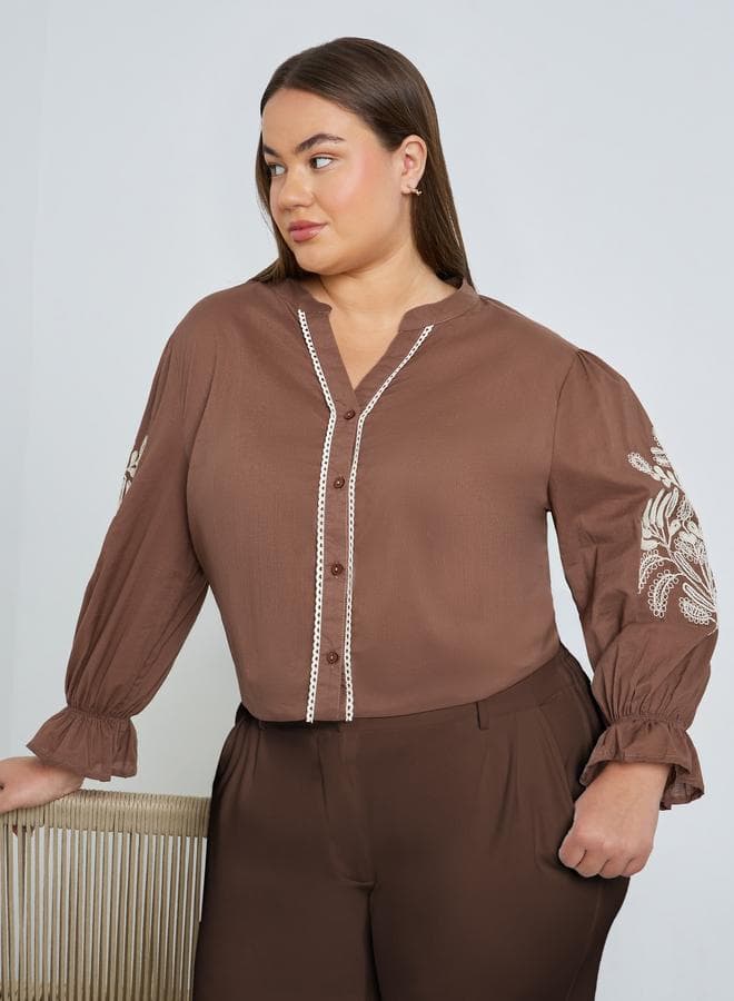 Plus Size Brown Embroidered Long Sleeve Shirt