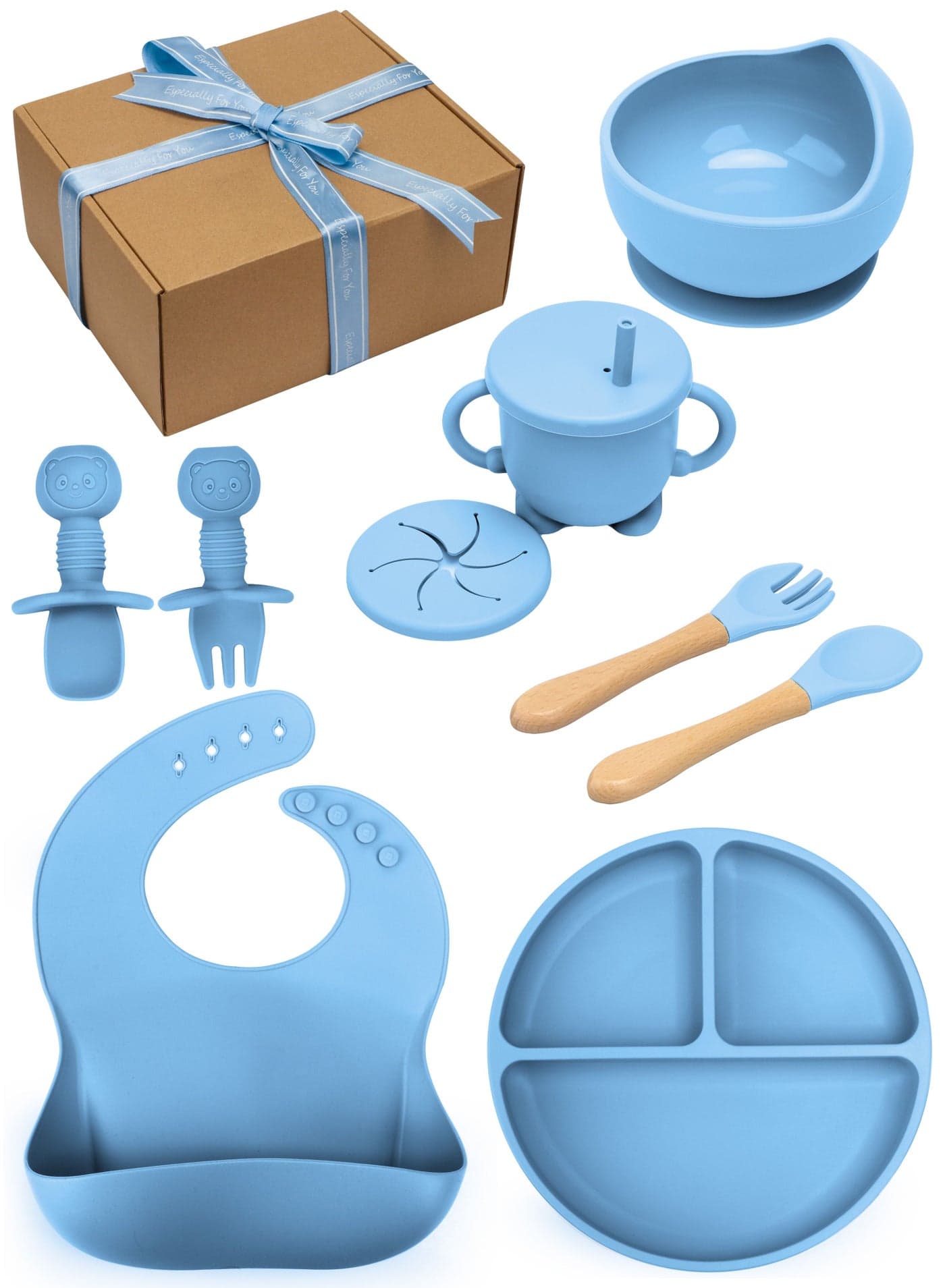 Baby Feeding Set, 9 Pcs Baby Tableware Set, Food grade Silicone Squirrel Baby Cutlery and Plates Set, Non-Slip Infant Dinnerware Set, Baby Self Feeding Utensils