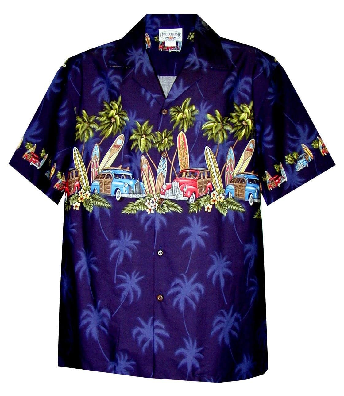 Pacific Legend Men's Old Time Woodie Surfboard Hawaiian Shirt Navy Blue Medium