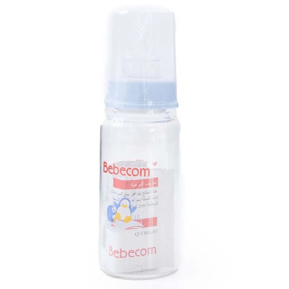 Bebecom Glass Feeding Bottle 125ml (A375), Piece of 1- Blue
