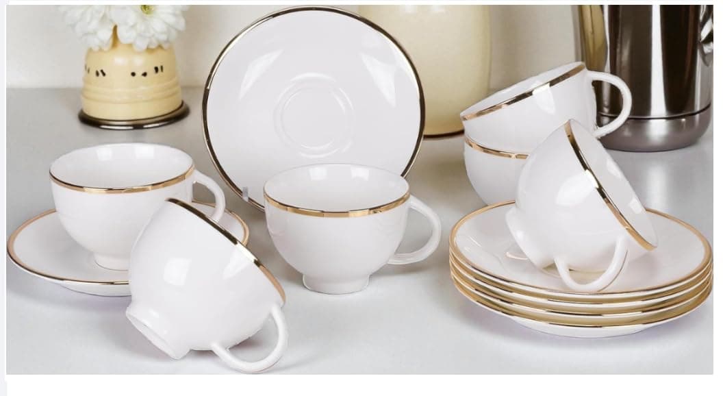 E - Ezra Bone China White Gold Line Cups and Saucer with Golden Line, 180 ml Tea Cup Set of 6 Cup and Saucer Set for Tea Milk Coffee Chai, Teacup Set