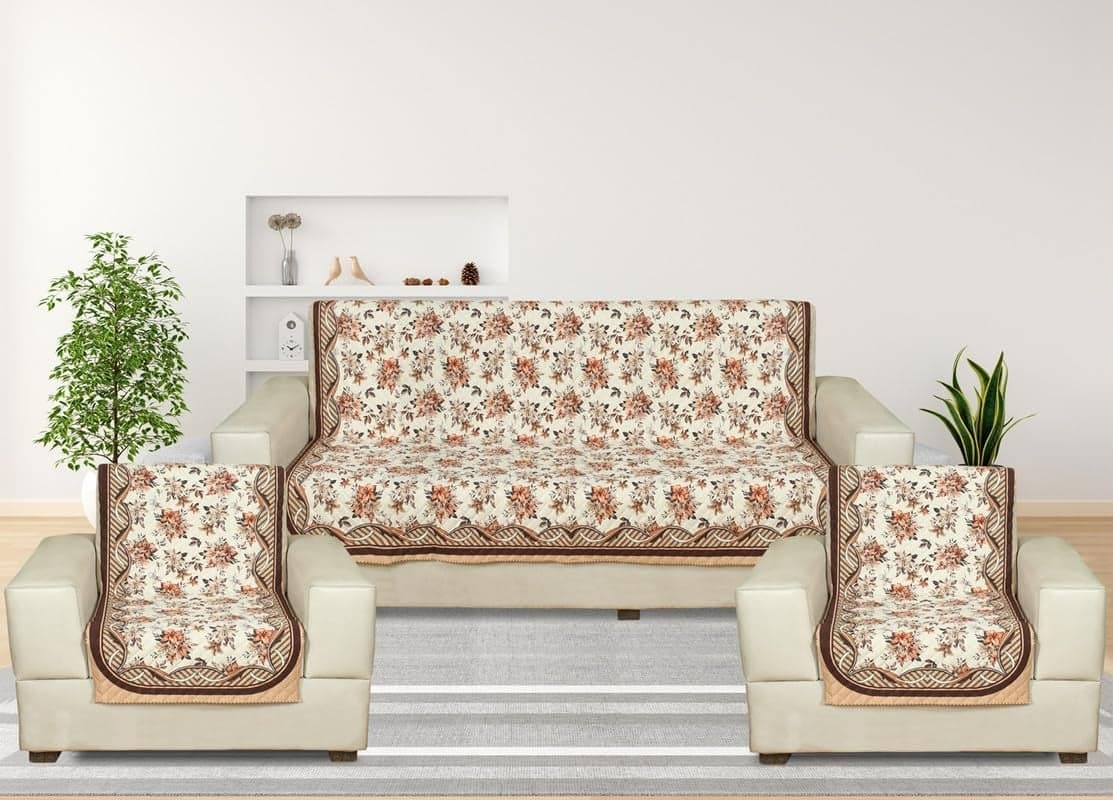 Nendle Premium Touch Soft Velvet 3 Layer Quilted Sofa Cover 5 Seater with Combined seat and Back| Anti-Slip Protector Covers for Living Room, Drawing Room (Light Brown, Pack of 3+1+1)