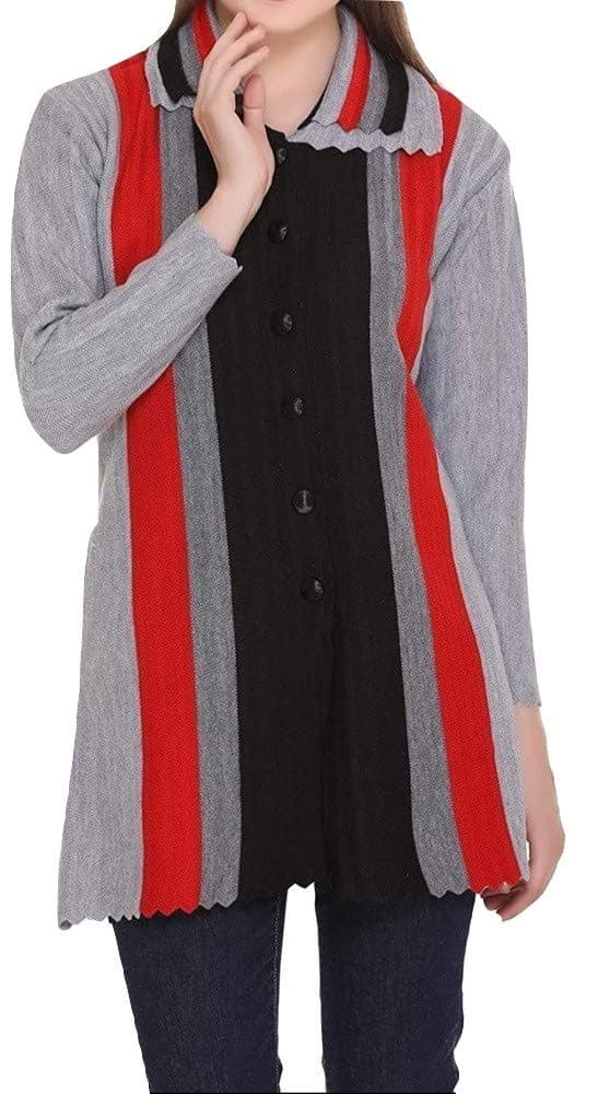 LADY WILLINGTON Women's Pure Wool Round Neck Printed Heavy Daffodil Winter Wear Long Cotty Fully Warm Cardigan (Large, Black Red Grey)