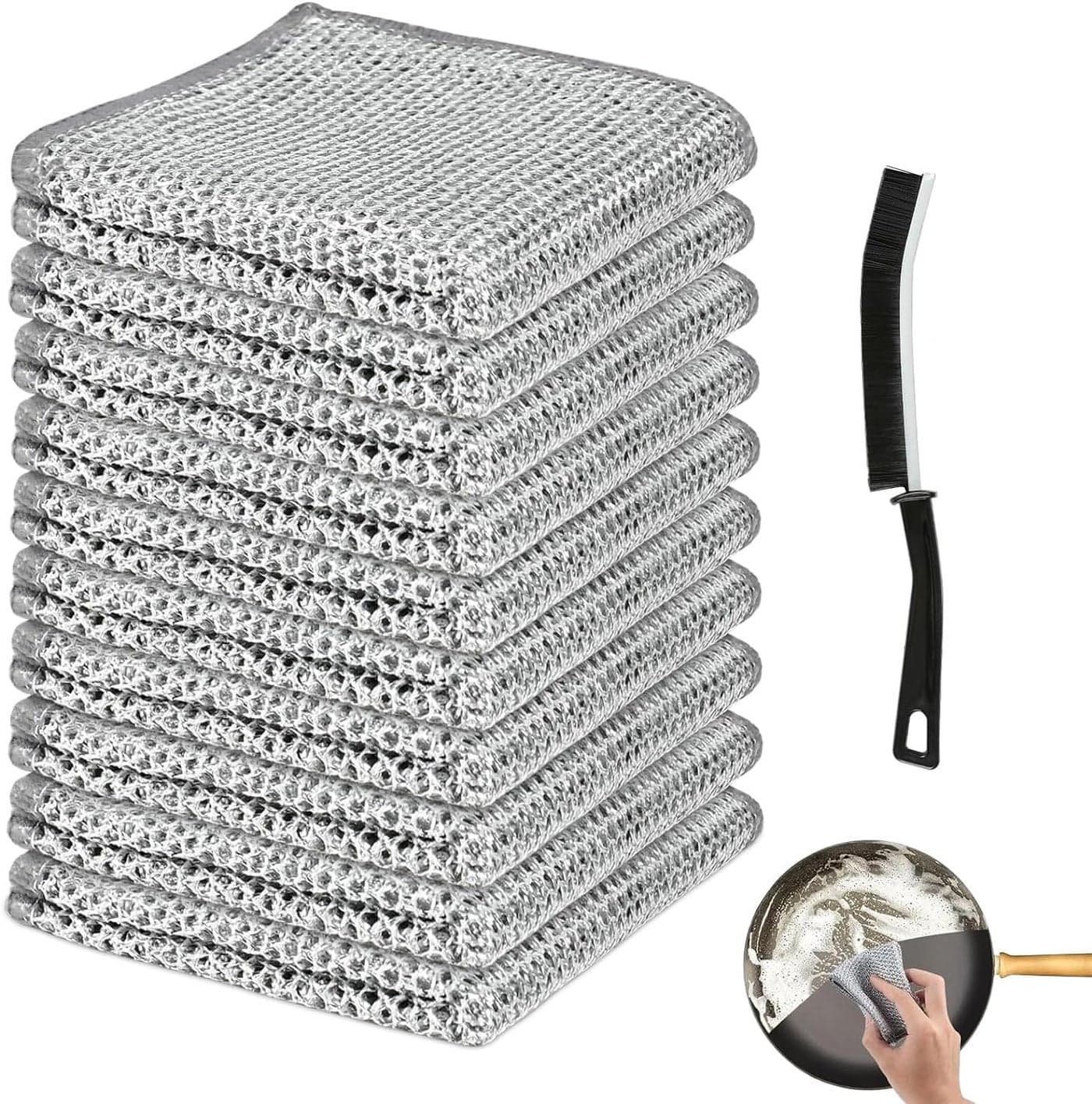 COOFANDY 10 Pcs Wire Dishwashing Rags and 1 Gap Brush Multipurpose Wire Dish Cloths for Wet and Dry Reusable Kitchen Cloth Non Scratch Rag Double Lint Free Cloth for Kitchen Pan