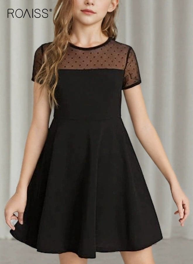 Girl's Summer Dress with Mesh Design, Formal Dress, Breathable A Line Dress, Elegant Stylish Sundress for Girls, Suitable for Daily Wear or Any Occasion