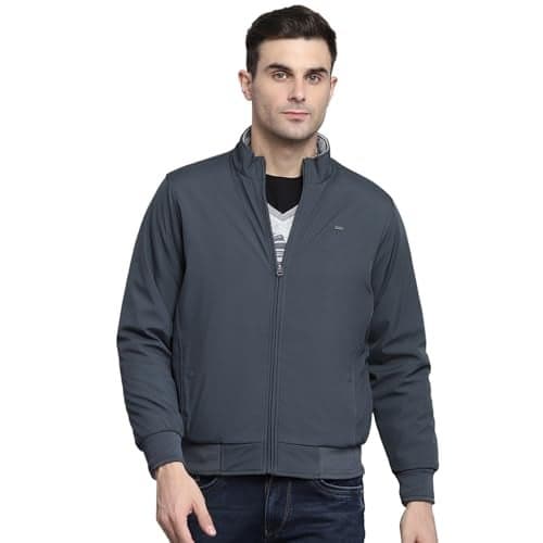 Monte Carlo Mens Solid Grey Mock Neck Full Sleeves Jacket