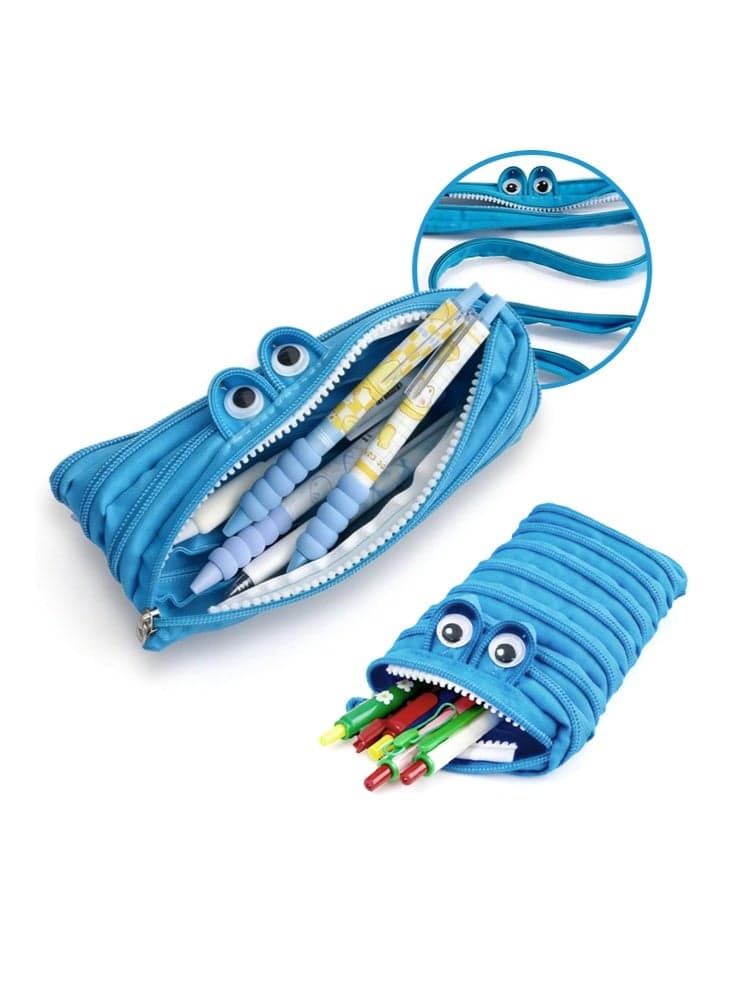 Monster Zipper Pen Case-Multifunction Cute Big-Eyed Monster Pencil Case, Fashionable and Unique Wallet, Practical Student Stationery Suitable for Men and Women (Blue)