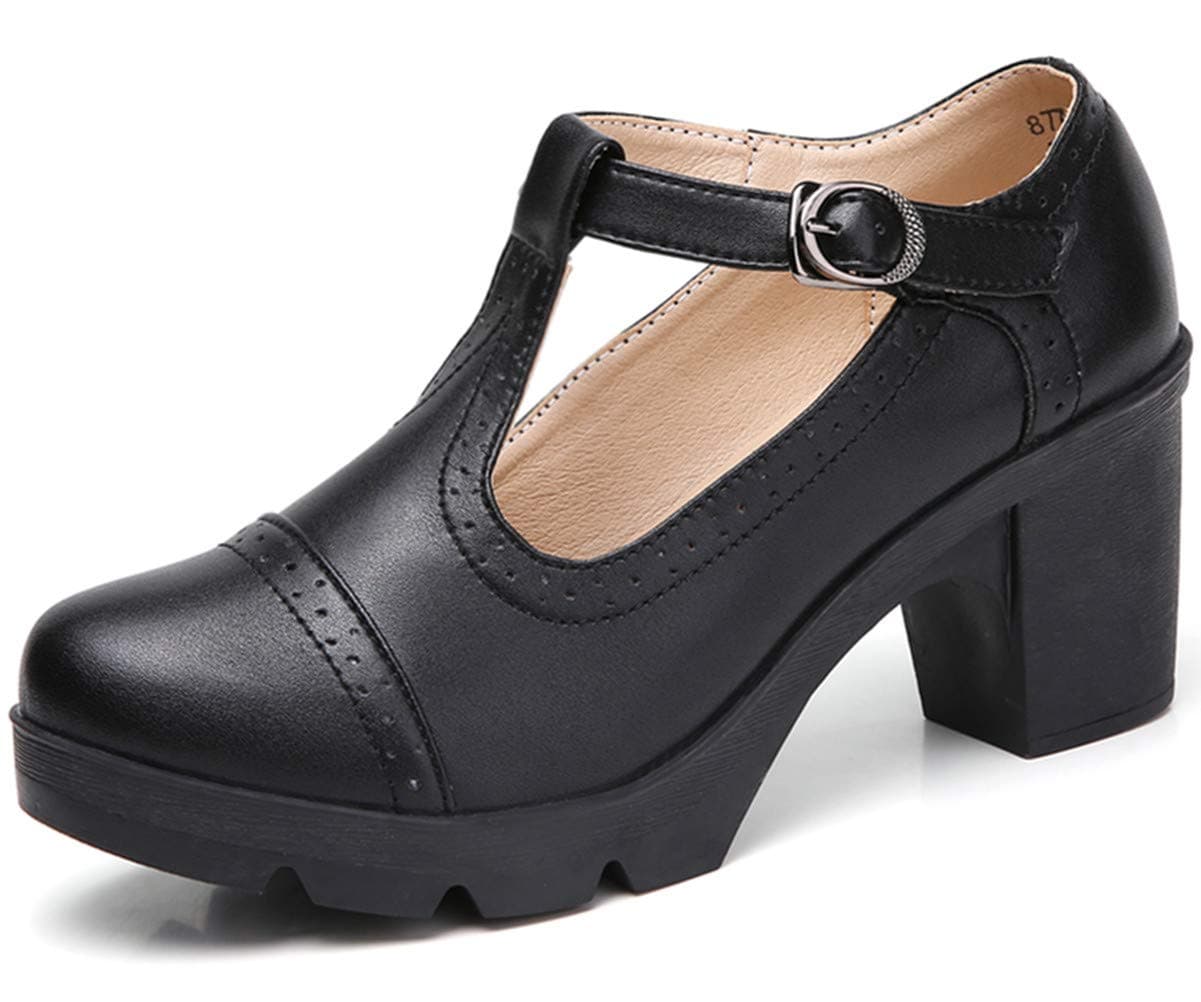 DADAWEN Women's Classic T-Strap Platform Mid-Heel Square Toe Oxfords Dress Shoes Black US Size 7.5