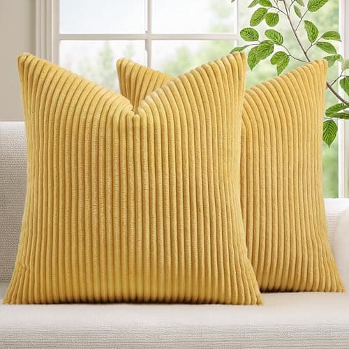 Mecatny Corduroy Summer Decorative Throw Pillow Covers 18x18 Set of 2 for Sofa Living Room Soft Neutral Boho Couch Pillow Covers for Home Decor Mustard Yellow