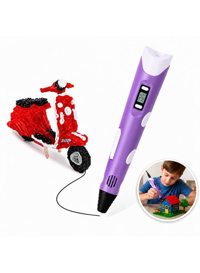 3D Printing Pen with LCD Display for Boys and Girls | ABS/PLA-Compatible Creative Arts & Craft Modeling Kit that Includes Adapter and Multicolor Starter Filament | Purple