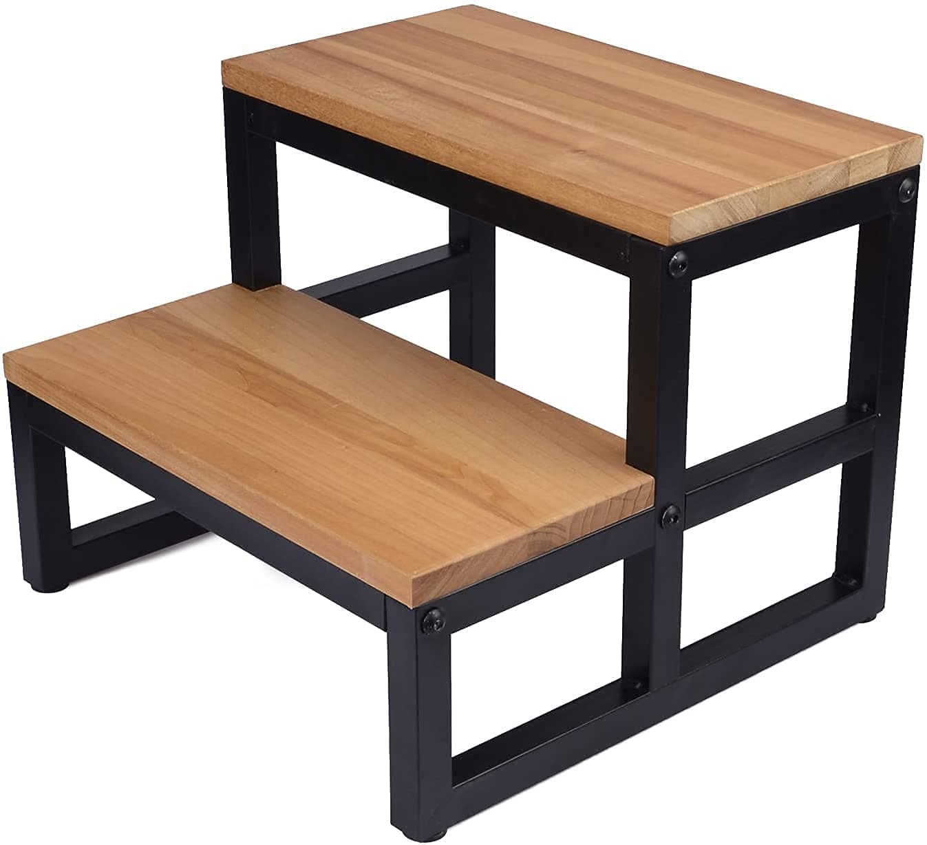 15 WEST 28987 Two Step Wood/Metal Step Stool with Metal Frame for Adult & Kid Load 400lb, Double Wooden Stepping Footstool for High Bed Side, Bathroom, Bedside, Toilet, for Elderly.