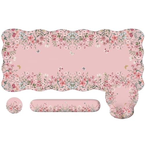 iCasso Desk Mat SetLarge Mouse Pad with Wrist RestErgonomic Keyboard Wrist Support for WomenGirly Floral Computer Mat with Scalloped EdgesNonSlip Desk Pad Home Office Gaming Pink