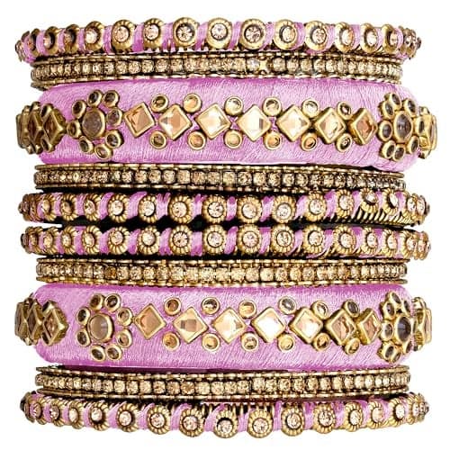 Peora Gold Plated Faux Kundan Studded Pink Silk Thread Ethnic Bangles Jewellery for Women | Size - 2.6 inch