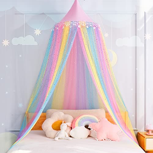 MOOZHEALTH Rainbow Bed Canopy for Girls,Shiny Kids Princess Round Dome Bed Curtain with Star Moon Glitter,Kids Crib Canopy Play Tent Canopy Dreamy Bed Netting for Girls