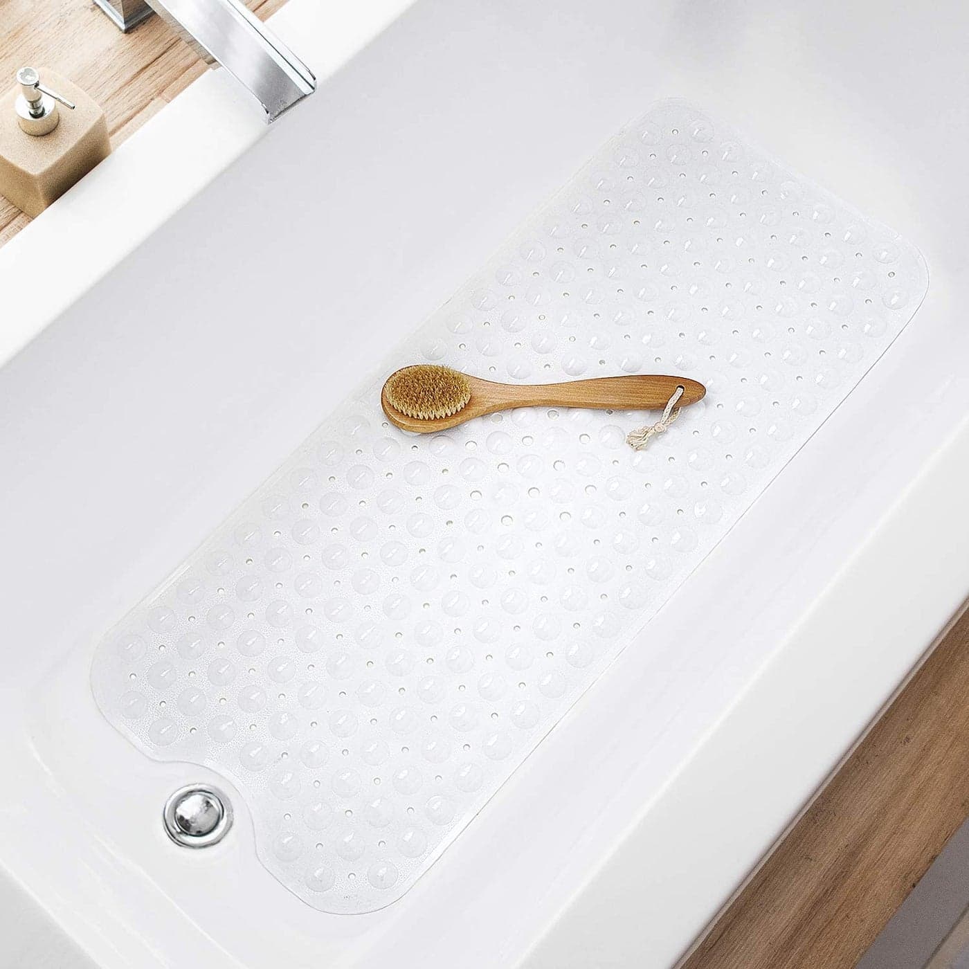 TEESHLY Bath Tub and Shower Mats NonSlip 39 x 16 Inch Extra Long Bathtub Mat Machine Washable BathMat with Drain Holes Suction Cups for Bathroom Opaque White
