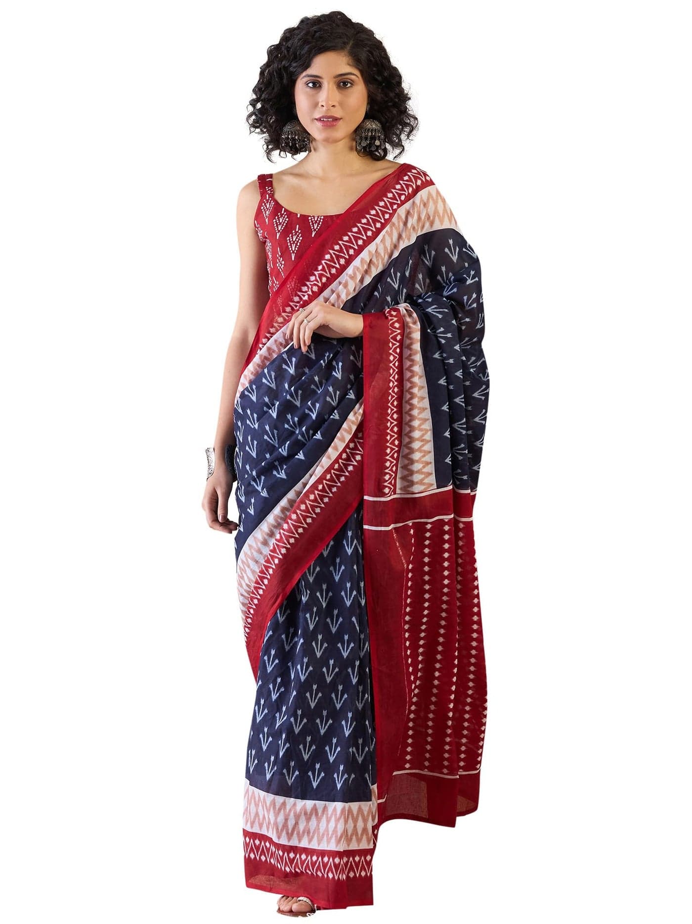 SAREE MALL Women's Navy Blue Cotton Ikat Printed Ready To Wear one Minute Saree With Unstitched Blouse Piece(RTWMINAXI6102_SMC)
