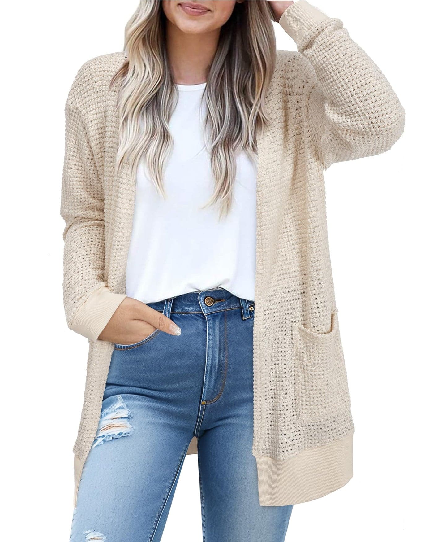STYLEWORD Women's 2025 Fall Fashion Cardigan Sweaters Lightweight Open Front Waffle Knit Casual Long Business Summer Cardigans Outfits Clothes with Pockets(Apricot-S)