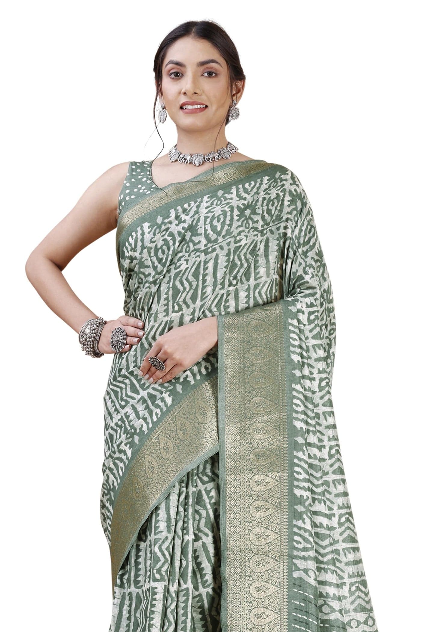 MIRCHI FASHION Women Dola Silk Batik Printed Saree with Blouse Piece (39947 - Dusty Teal, Off White)
