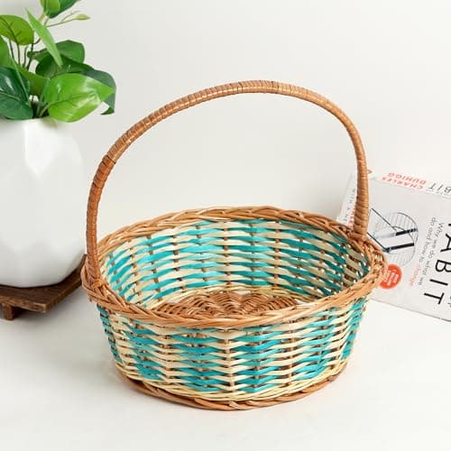 Habere India-All the Cultures Fabricating India Gift Hamper | Kitchen Storage Wicker Basket | Fruit Basket | Wicker Gift Baskets | Dining Table Organiser Baskets, Blue (Medium - Dia28 x H10 cm)