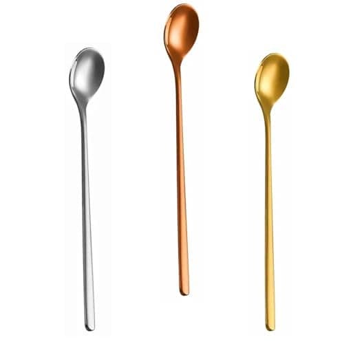 Cyoufine 3 Color 6.7-Inch Coffee Spoon Set, Long Handle metal Stirring Spoons Teaspoon, Gold Silver Stainless Steel Small Teaspoons, for Cocktails, Iced Tea, Milkshakes, Smoothies, Ice Cream.