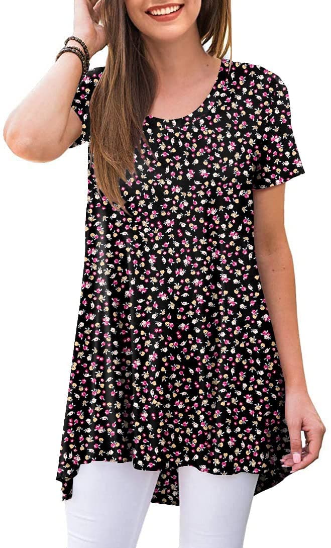 POPYOUNG Women's Summer Long Tunic Top To Wear With Leggings Short Sleeve Shirt Loose Fit Dressy XL, Small Flower Black