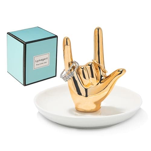 Lynagert I LOVE YOU Hand Ring Holder Dish Ceramic Jewelry Holder Dish Trinket tray for Rings Earrings Necklace Organizer, Engagement Wedding Ring Holder, Christmas Birthday Gifts (Golden)