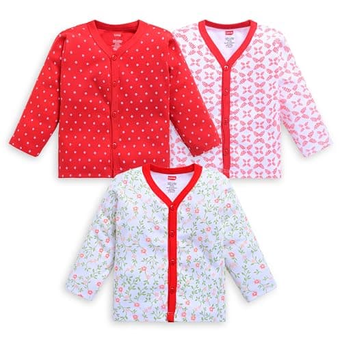 LuvLap Baby Boys & Girls Regular Fit 100% Cotton Full Sleeves Jhabla Pack of 3, White, White & Red, L (6 to 12 Months)