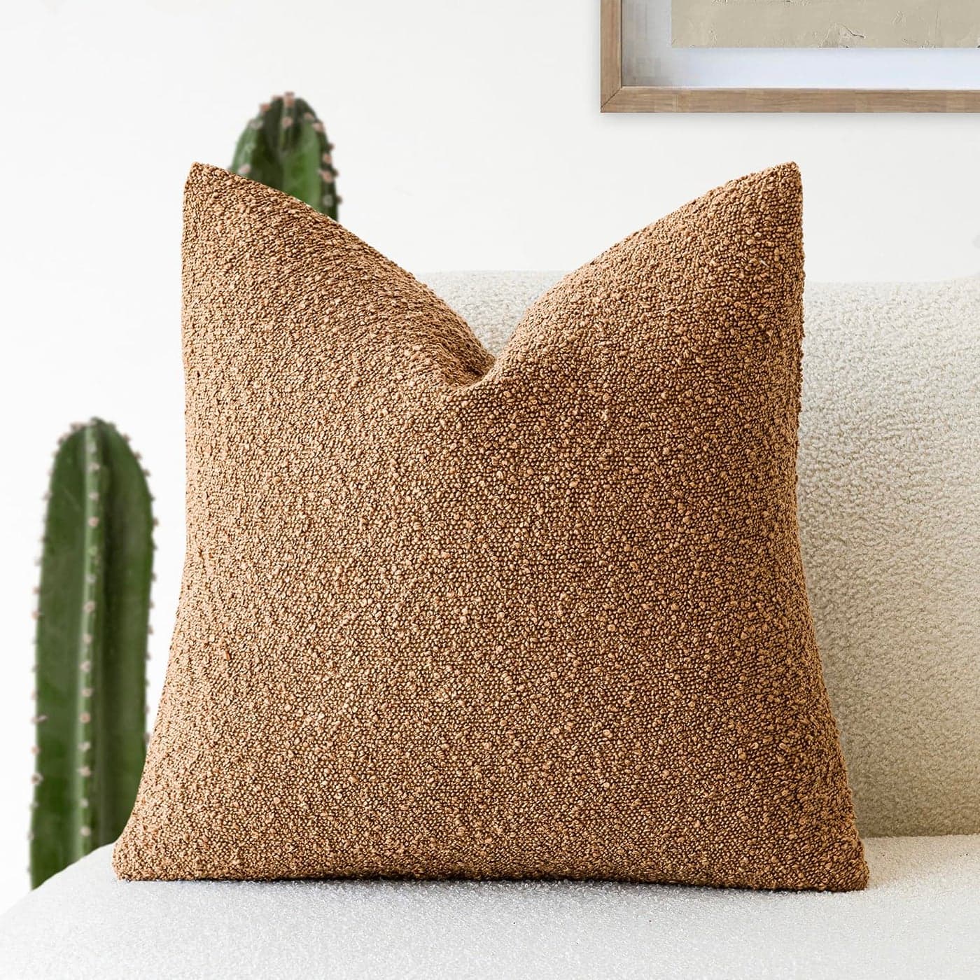 Foindtower Textured Boucle Throw Pillow Covers Accent Solid Pillow Cases Cozy Soft Decorative Couch Cushion Case for Chair Sofa Bedroom Living Room Home Decor 18 x 18 InchTobacco